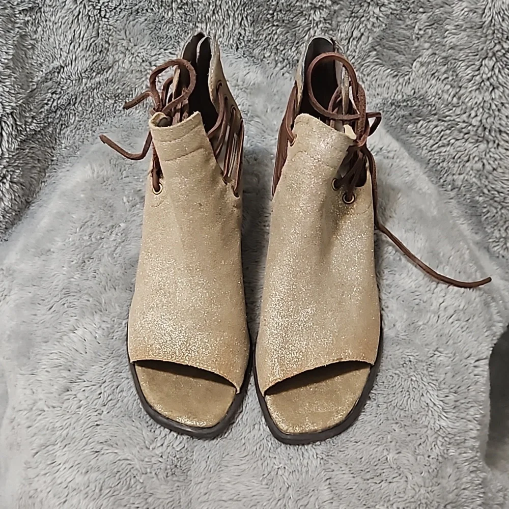 OTBT Tan Suede Open-Toe Lace-Up Ankle Booties